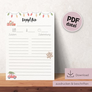 Christmas recipe template for printing, recipe DIN A4 for printing, digital download, printable recipe template, template German