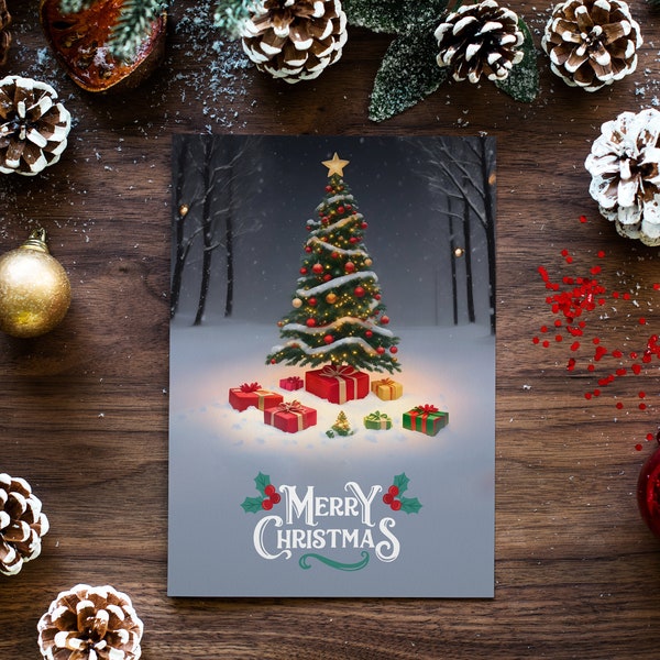 Charming Xmas greeting: Oil-painted Xmas tree, gifts & falling snow. Merry Christmas text. Computer art magic, digital wonderland