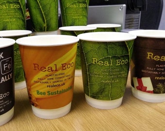 100 x Disposable 12oz Double Wall 100% Biodegradable Compostable Paper Cups with Super Funky Designs