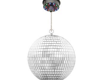 SILVER 20cm Mirror Glitter Ball Kit + Revolving Motor with Coloured Changing LED's