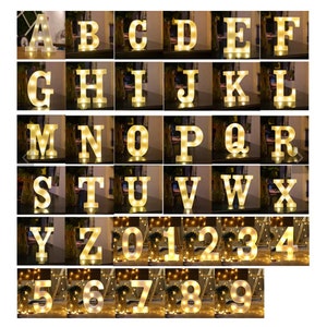 May include: Set of white plastic letters and numbers with warm white LED lights. The letters are A through Z and the numbers are 0 through 9.