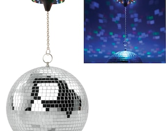 SILVER 25cm 10" Mirror Glitter Ball Kit + Revolving Motor with Coloured Changing LED's