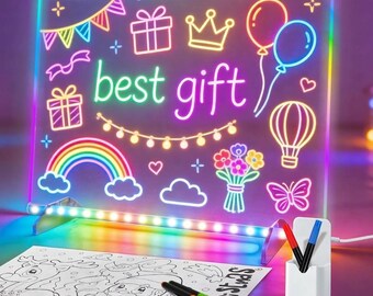 Neon LED Drawing Board, Light Up 35 x 25cm Acrylic Glow Board with 7 Coloured Pens