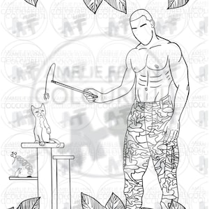 Cat Daddies “Cat-mouflage” Military Hunk with Kitten Adult Coloring Page (Stress Relief, Mindfulness, Relaxation)