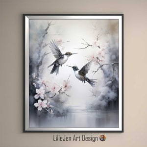Hummingbirds. Ink and watercolours, Japanese art, Sumie, Monocrome, Digital Print, Wall Art, Digital Download