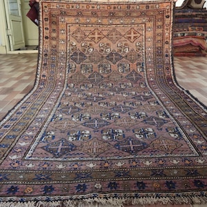 Caucasian Design Baluch Rug, Antique Afghan Rug 3&#39;7 x6&#39;5 ft Handmade Wool Area Rug, Geometric design Rug,Old Style Oriental Vintage Area Rug