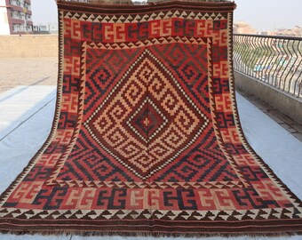 Alfombra Kilim hecha a mano antigua Ghalmori alfombra Kilim descolorida 6'2x8'8 pies alfombra de lana vintage afgana alfombra de tejido plano turcomano, alfombra de dormitorio alfombra de mesa de comedor