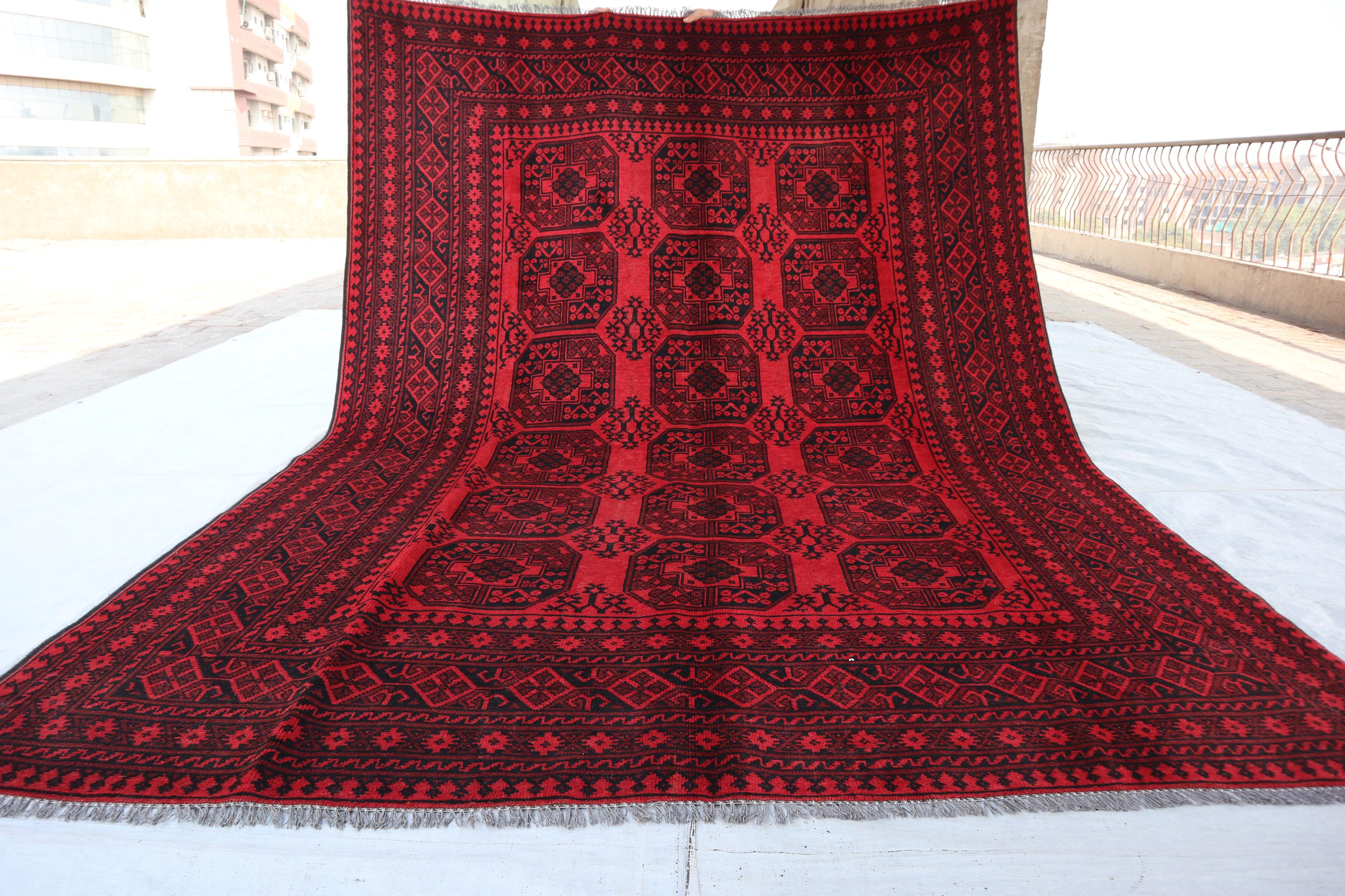 6x9 FT Antique Turkmen Red Akhcah Rug- Ethnic Afghan Handmade Wool Soft Pile Area Rug- Tribal Vintage Bukhara- Bedroom Farmhouse Living Room