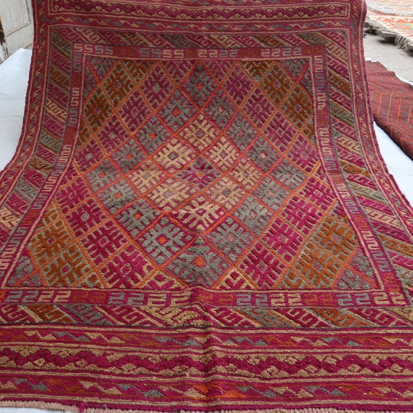 4'10x6'4 ft Vintage Handmade Afghan Rug, Gazak Tribal Antique Rug, Turkmen Mushwani Barjasta rug, Square Area rug, Kitchen Bedroom Carpet