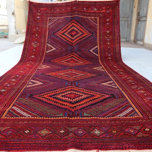 Afghan Handmade Rug, Vintage Rug 5&#39;11x11&#39;2 FT Authentic Geometric Carpet rug, Antique Large Baluchi 100% Wool Rug Bedroom, Living Room Rug