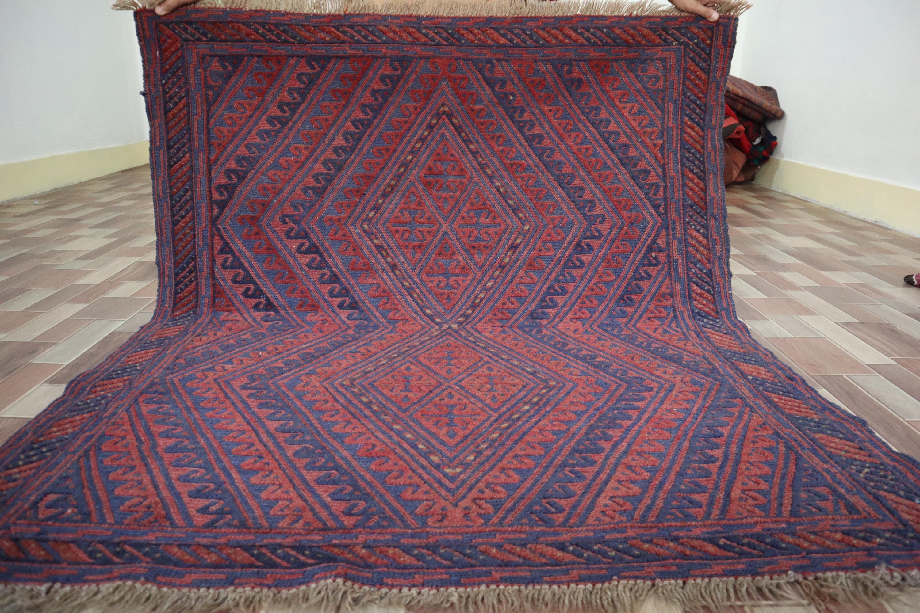 4'0x4'8 Ft Vintage Handmade Afghan Rug, Gazak Tribal Antique