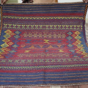 May include: A rectangular rug with a geometric pattern. The rug features a red central field with blue and yellow accents. The borders are blue with yellow and red stripes. The rug is made of woven material.