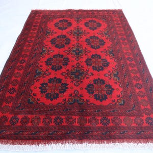 Handmade Khal Muhammadi Rug, Oriental Rug 3&#39;5x4&#39;10 ft Afghan Vintage Rug, Turkmen Geometric Bukhara Genuine Rug, Livingroom Decor Rug office