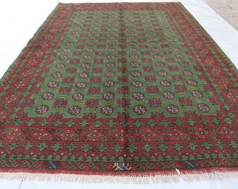 6&#39;7x9&#39;4 New Akhcha Handmade Green Rug Afghan Akhcha High Pile Rug, Home Decor rug, Dining Table, Living room Bokhara rug, Bedroom Office rug
