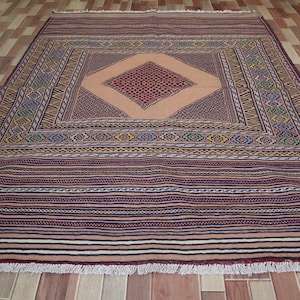 Afghan Antique kilim 4&#39;9x5&#39;10 FT Collectors Maliki Turkmen Rug, Handmade Wool Rug, Geometric Maliki kilim, Old Style Oriental Vintage Rug