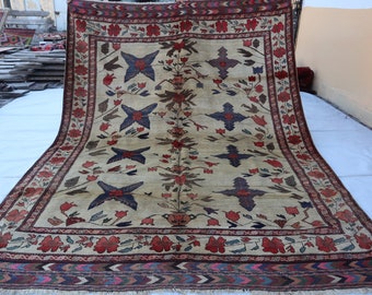 Afghan Handmade Area Rug, Vintage White Taimani Rug 6&#39;10x8&#39;10 Turkmen Oriental rug, Authentic Geometric Carpet rug, Bedroom, Living Room Rug