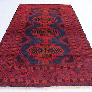 Caucasian Design Baluch Rug, Antique Afghan Rug 4&#39;3 x6&#39;9 ft Handmade Wool Area Rug, Geometric design Rug,Old Style Oriental Vintage Area Rug