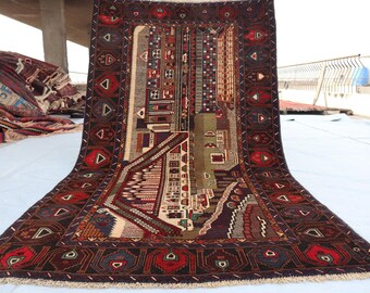 Handmade Oriental Baluchi Area Rug 3&#39;8x6&#39;11 Afghan Baluchi Vintage Rug, Turkmen Geometric Antique Genuine Baluchi Rug, Livingroom Decor Rug
