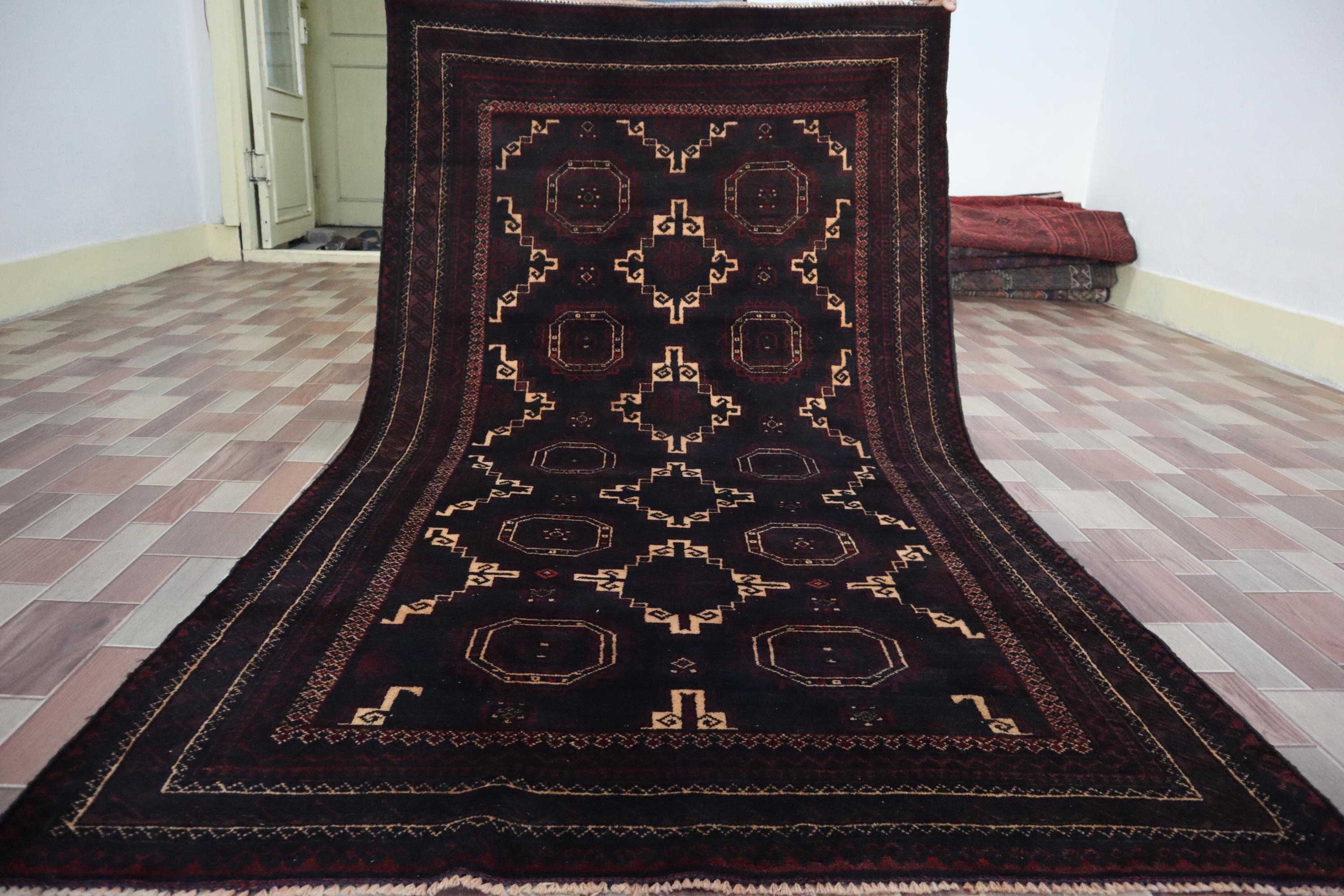 Old Handmade Black Baluch Area Rug 3'6x6'3 ft Antique Vintage Rug, Turkmen Geometric Antique Genuine Black Baluchi Rug, Livingroom Decor Rug
