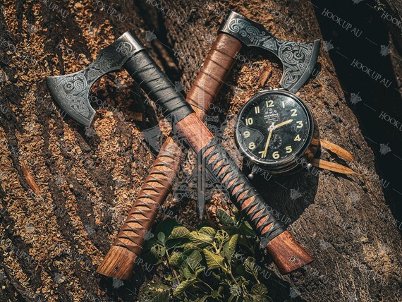 Custom Gift Forged Viking Axe Carbon Steel Axe Hatchet Rose Wood Shaft Bearded Camping Axe Groomsmen Gift Wedding & Christmas Gift For Him