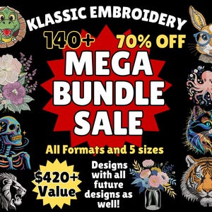 Puede incluir: Imagen promocional de Klassic Embroidery con diseños de bordado de un dinosaurio, conejo, pulpo, gato, tigre, león y arreglos florales. La imagen anuncia una mega venta de paquetes con un 70% de descuento, más de 140 diseños y un valor de 420€+.