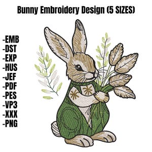 Peut inclure: Broderie d'un lapin brun tenant un bouquet de fleurs vertes et brunes. Le motif est disponible en cinq tailles et dans les formats suivants : EMB, DST, EXP, HUS, JEF, PDF, PES, VP3, XXX et PNG.