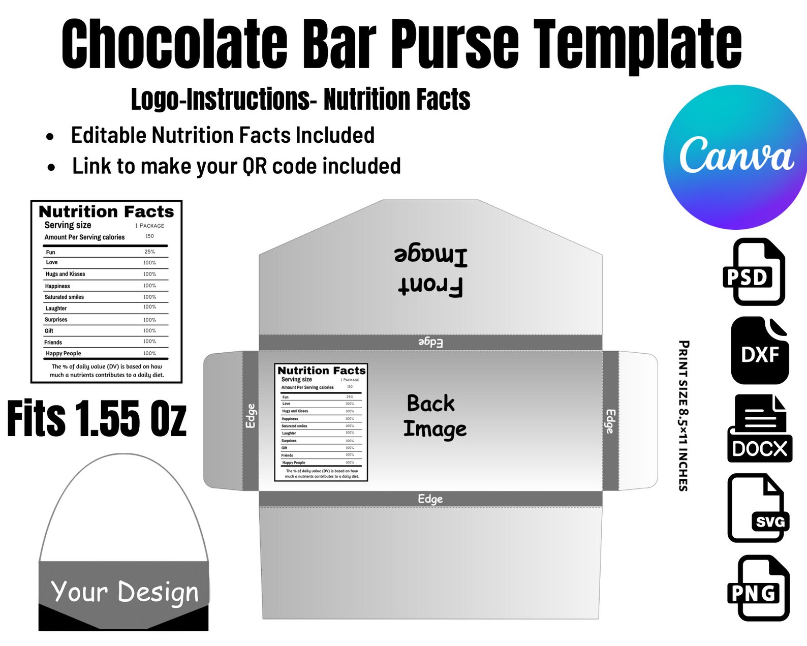 1.55oz Chocolate Bar Purse Template, SVG, DXF, Canva, Ms Word Docx, Png ...