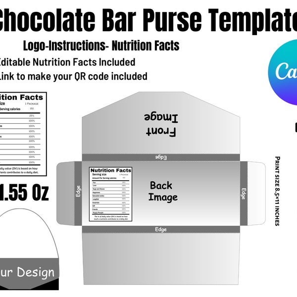 1.55oz Chocolate Bar Purse Template, SVG, DXF, Canva, Ms Word Docx, Png, PSD, 8.5"x11" sheet, Printable