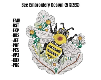 Floral Bee Machine Embroidery Design, Spring Garden Insect (Digital Download)