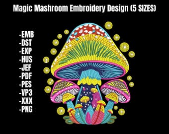 Magic Mushroom & Fireflies Embroidery Design 5 Sizes (Instant Download)