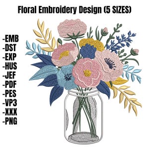 Flower in Glass Jar Machine Embroidery Design | Mason Jar Floral Embroidery File | Wildflower Jar Embroidery Pattern | Digital Download PES