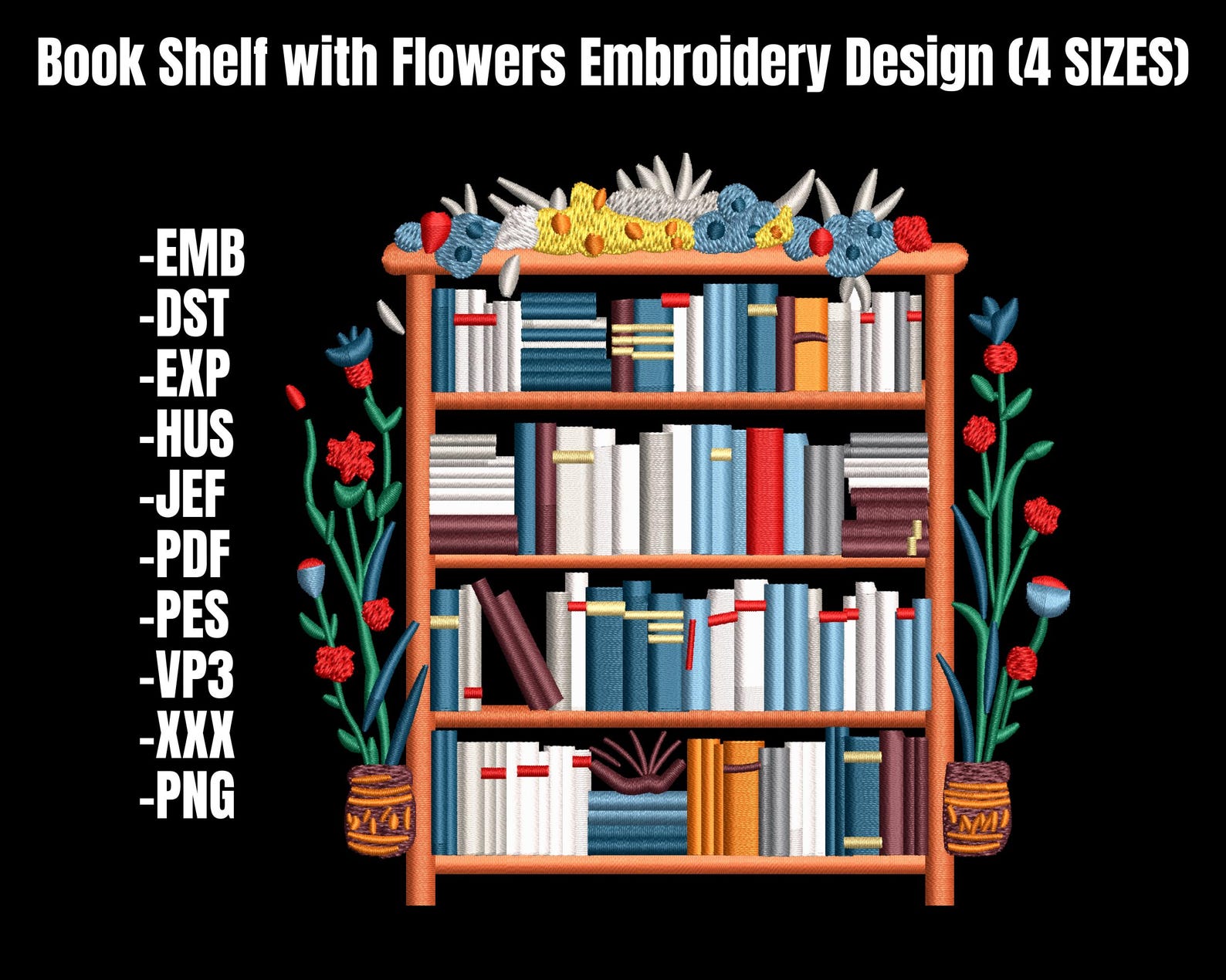 Floral Bookshelf Embroidery Design for Book Lovers, Digital Download - Etsy