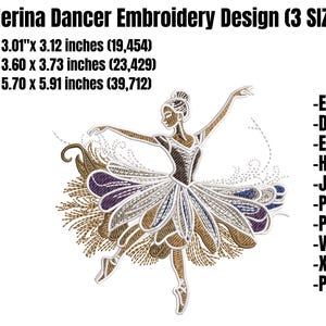 May include: Embroidery design of a ballerina dancer with a flowing skirt and intricate details. The design is available in three sizes: 3.01" x 3.12", 3.60 x 3.73, and 5.70 x 5.91 inches. The design is available in EMB, DST, EXP, HUS, JEF, PDF, PES, VP3, XXX, and PNG formats.