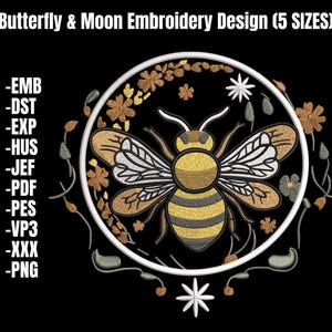 Bee embroidery design with flowers - Insect machine embroidery pattern, Bee applique file in 10 formats, Nature Hoop Art Design in 5 sizes