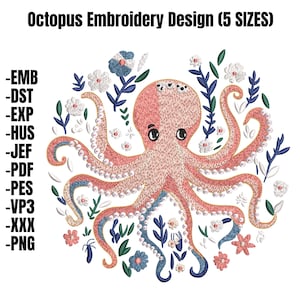Floral Octopus Embroidery Design | Octopus Machine Embroidery File | Flower Octopus Embroidery Pattern | Nautical Ocean Embroidery, 5 sizes