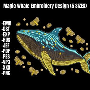 Magic Whale with Fireflies Embroidery Design, Mystical Whale Machine Embroidery, Whale and Fireflies Embroidery Pattern, Digital Download