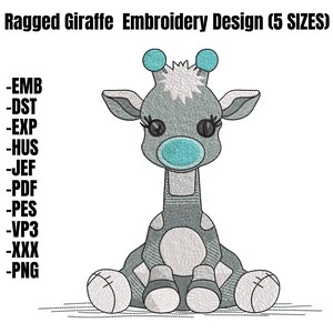 Può includere: Ricamo di una giraffa sbrindellata grigia e blu seduta con le gambe incrociate. Il design è disponibile in cinque dimensioni e include i seguenti formati di file: EMB, DST, EXP, HUS, JEF, PDF, PES, VP3, XXX e PNG.