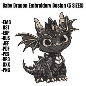 Cute Baby Dragon Machine Embroidery Design - Black Baby Dragon Embroidery Files - 5 Sizes - Instant Download