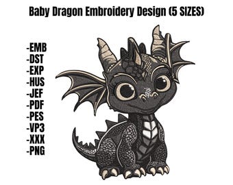 Cute Baby Dragon Machine Embroidery Design - Black Baby Dragon Embroidery Files - 5 Sizes - Instant Download