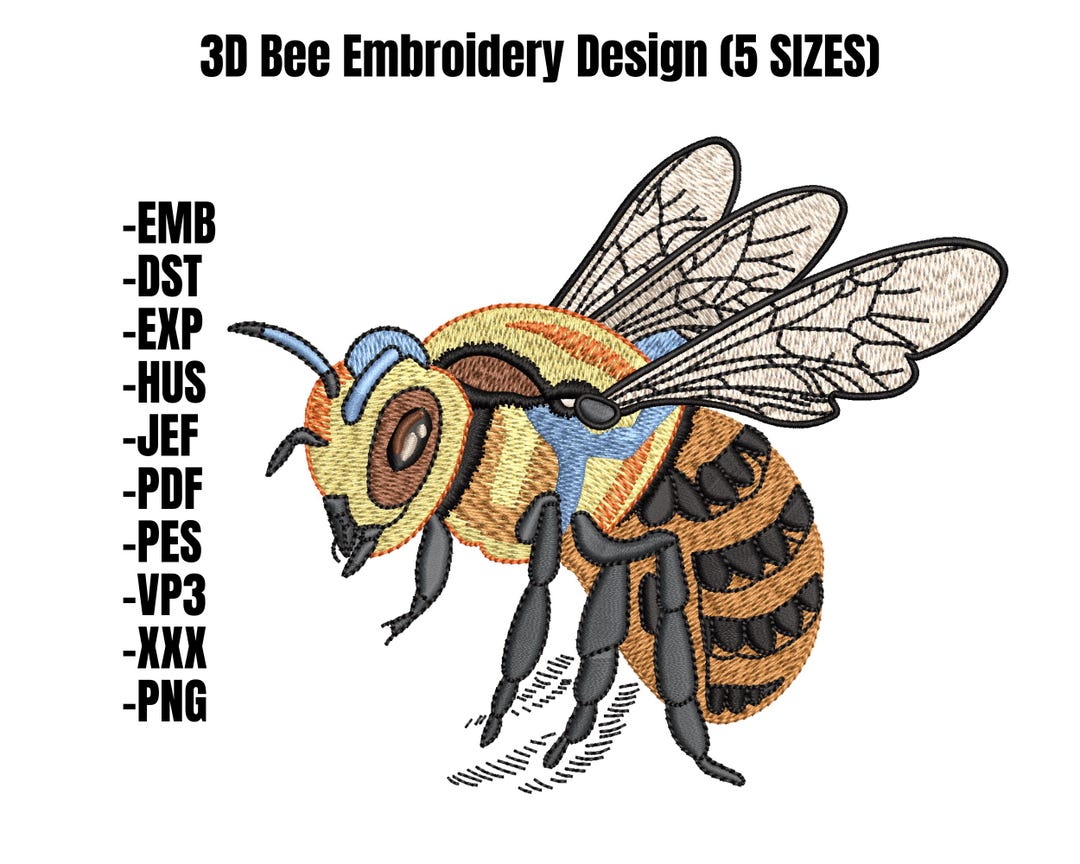 Realistic Bee Embroidery Design, 3D Bee Insect Pattern (instant ...