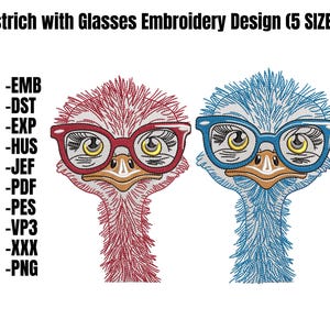 Ostrich with Glasses Machine Embroidery Design | Funny Ostrich Embroidery File | Quirky Bird Embroidery Pattern, bird. Girl and Boy