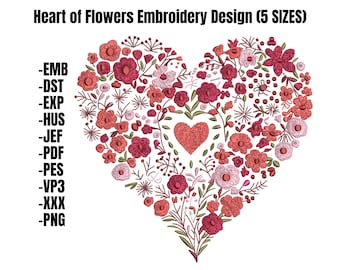 Diseño de bordado a máquina de corazón floral, patrón para el Día de San Valentín
