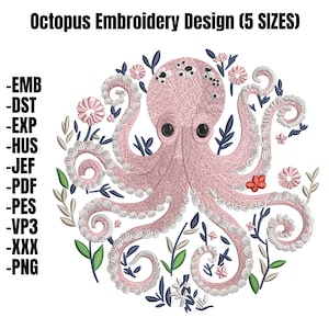 Floral Octopus Embroidery Design | Octopus Machine Embroidery File | Flower Octopus Embroidery Pattern | Nautical Ocean Embroidery, 5 sizes