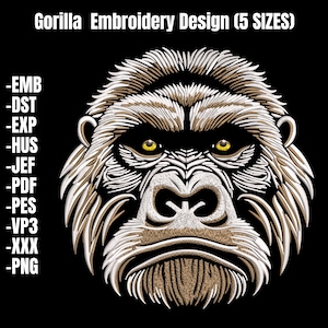 Gorilla Face Embroidery Design, Jungle Animal Machine Embroidery, Wild Ape Embroidery File, Digital Instant Download