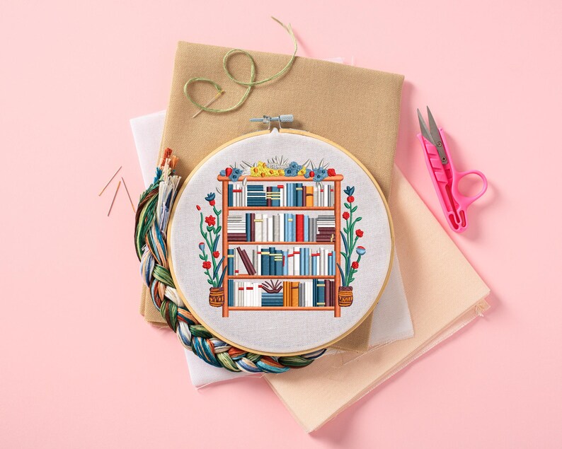 Floral Bookshelf Embroidery Design for Book Lovers, Digital Download - Etsy