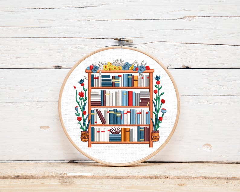 Floral Bookshelf Embroidery Design for Book Lovers, Digital Download - Etsy