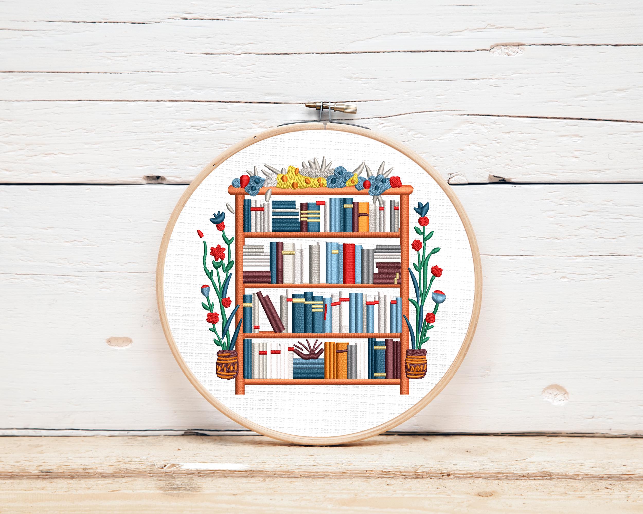 Floral Bookshelf Embroidery Design for Book Lovers, Digital Download - Etsy