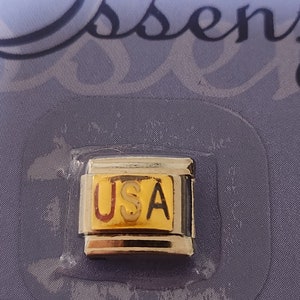 New Essenza USA red white & blue on gold enamel italian charm bracelet link 9mm stainless steel stretch