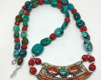 Vintage Antique Coral And Turquoise Pendant Necklace-100%Natural Italian Red Coral And Tibet Turquoise Beads-Oldest Silver Pendant Necklace