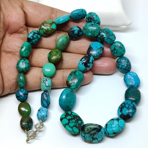 Turquoise Beaded Silver  16 Inch Necklace-Natural Genuine Turquoise Loose Tumble Beads Necklace-Turquoise Necklace-Best Necklace For Summer